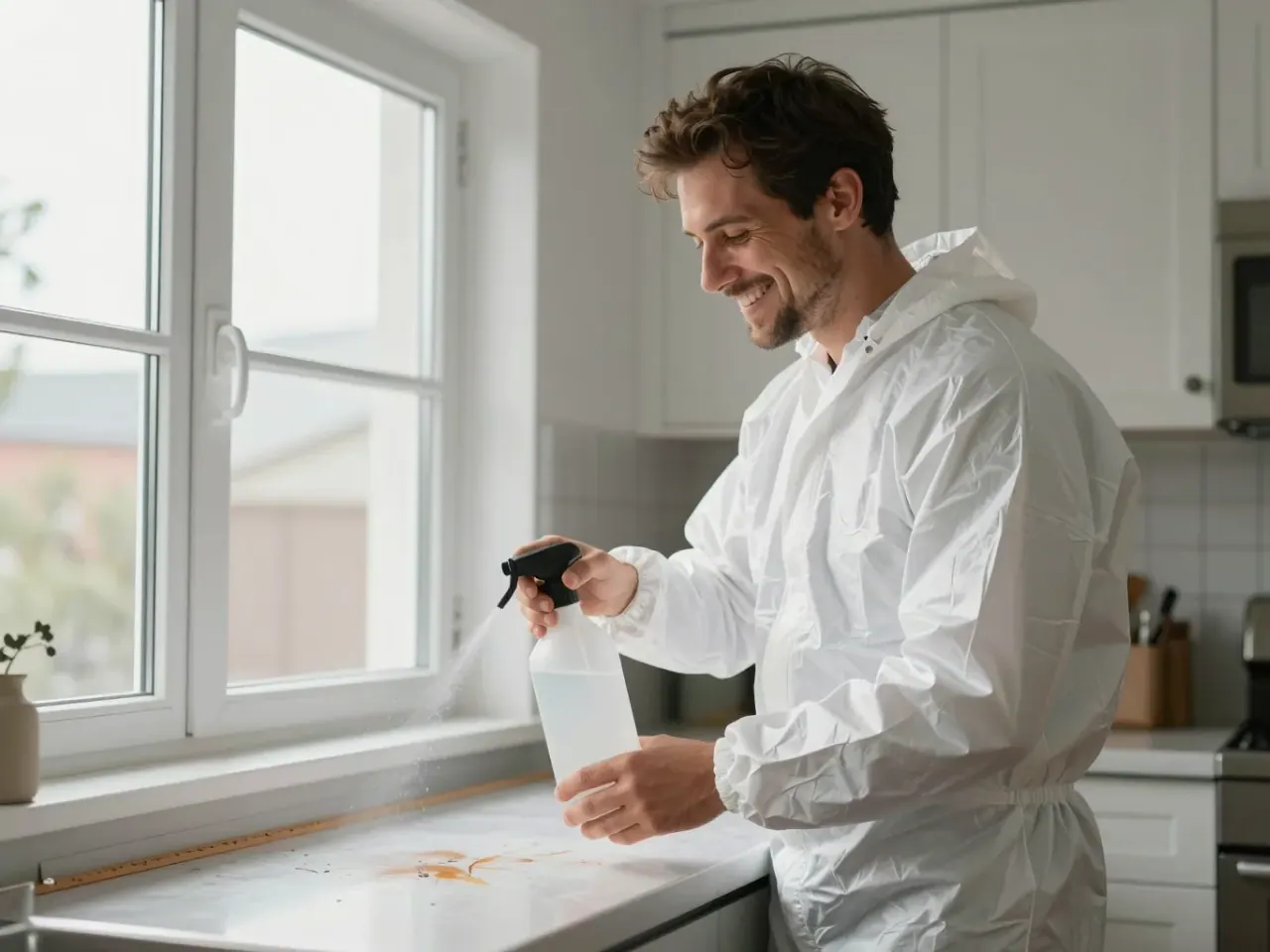 Arbeiten an einem Fensterrahmen mit Sprühgerät und Schutzhandschuhen